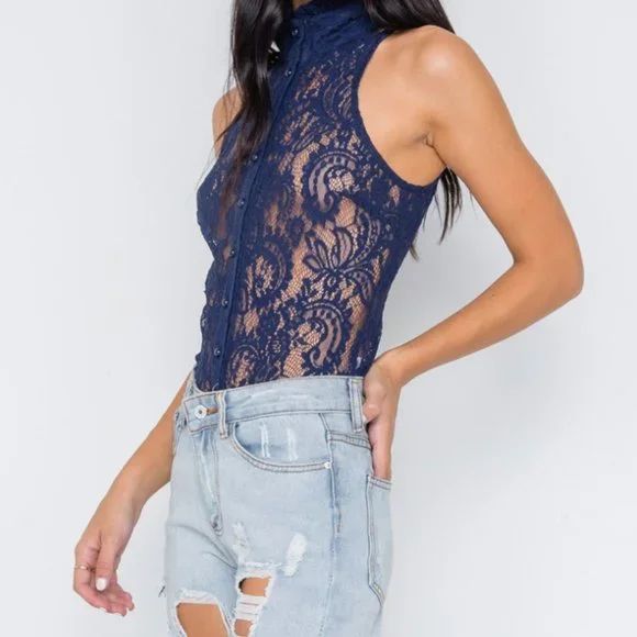 Nasty Gal Navy Blue Mock-Neck Sheer Button Down Lace Top - Picture 2 of 3
